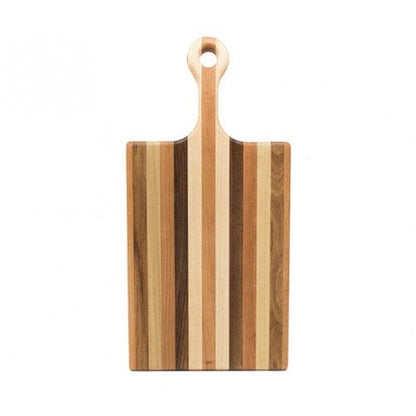 Wooden cutting board with striped pattern and handle on a white background