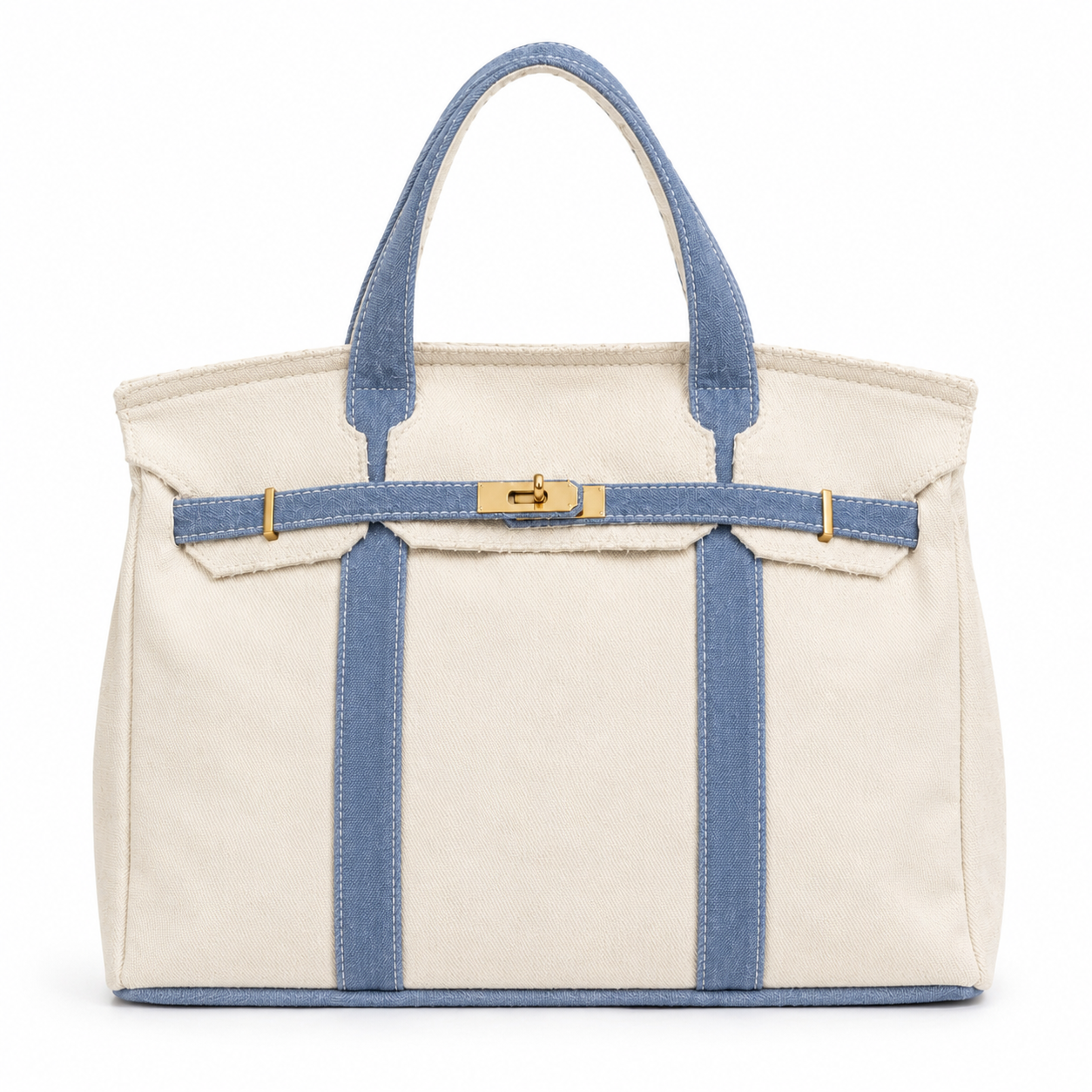 White tote bag with blue straps and trim on a white background