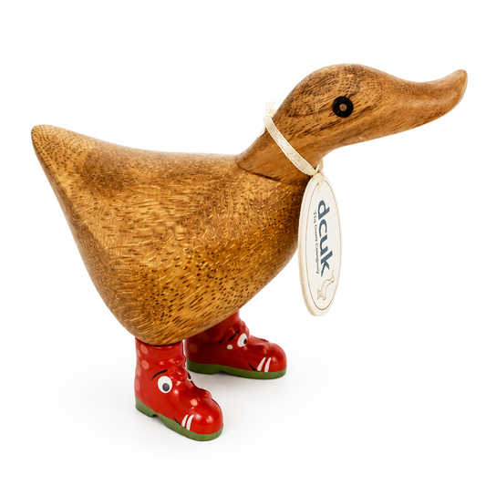 Wooden duck figurine with red shoes and a visible brand tag on a white background