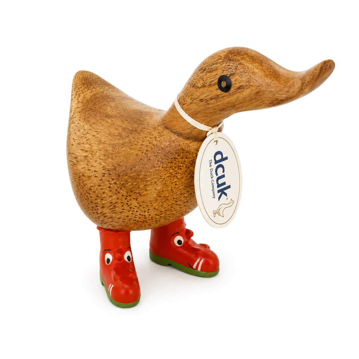 Wooden duck figurine with red shoes and a visible brand tag on a white background