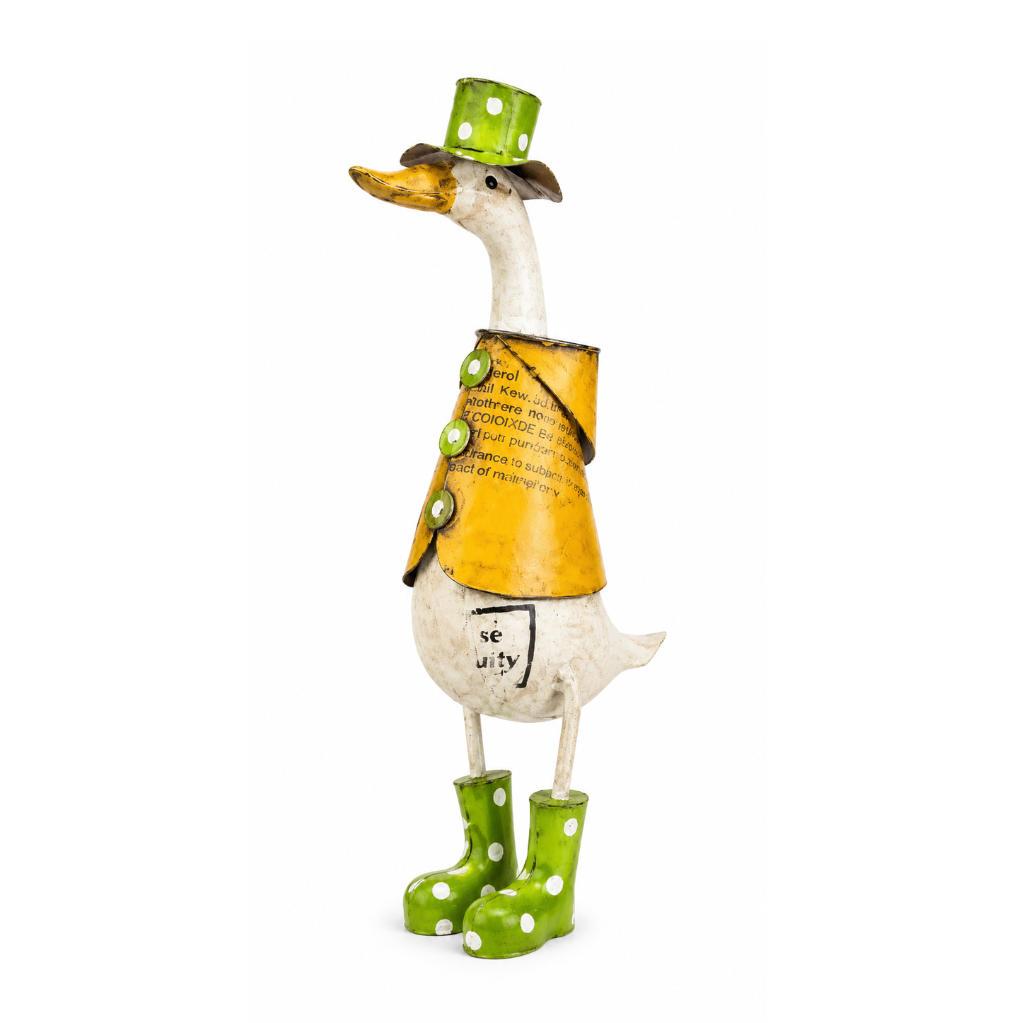 Decorative duck figurine wearing a yellow raincoat, green polka dot boots, and a green top hat on a white background.