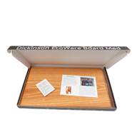 Wooden display box with a lid showing Dickinson Woodworking brand name, holding business card and care card on a white background.