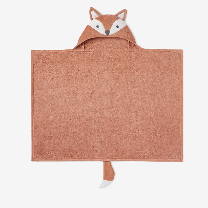 Fox-shaped hooded towel on a white background