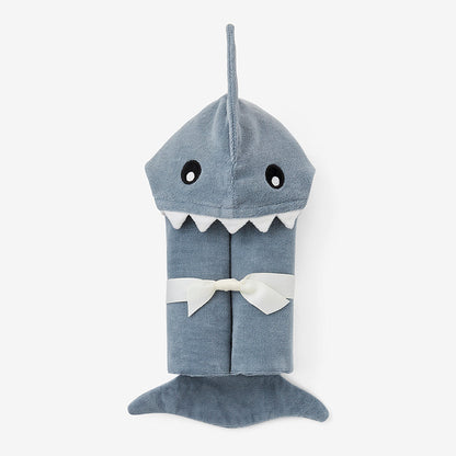 Blue shark-shaped hooded towel on a white background