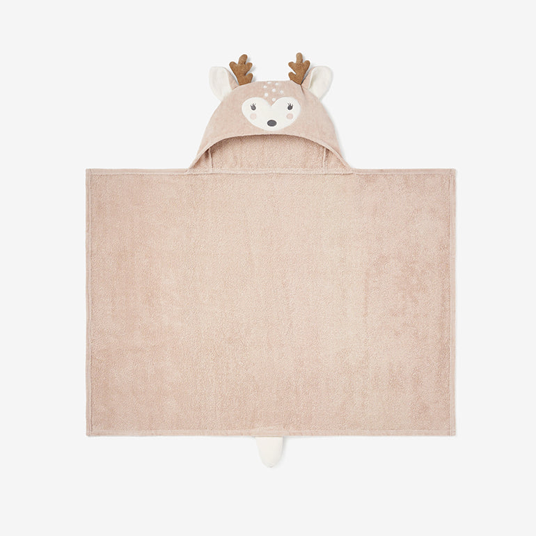 Beige hooded towel with deer design on a white background