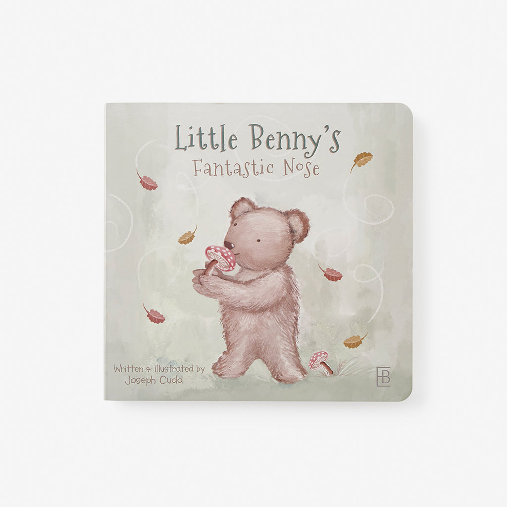 Book titled 'Little Benny's Fantastic Nose' with a bear illustration on a light gray background