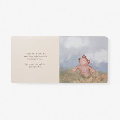 Children's book with a teddy bear illustration on a white background