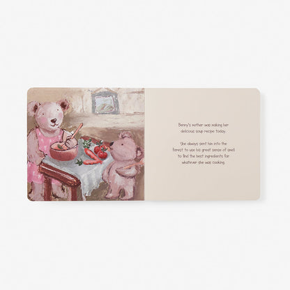 Illustrated book page with two teddy bears in a kitchen setting.