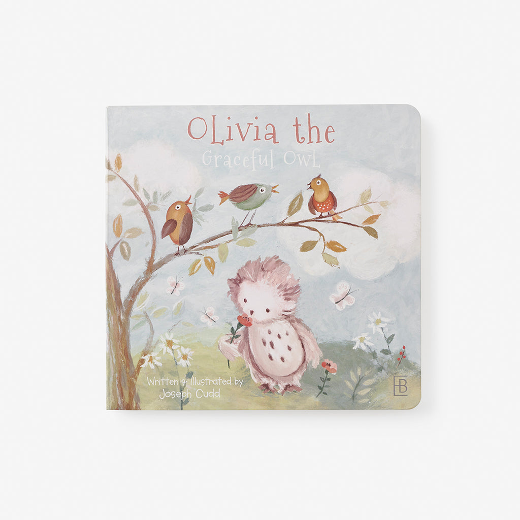 Children's book titled 'Olivia the Graceful Owl' with illustrations of an owl and birds on a branch.