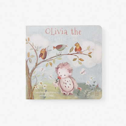 Children's book titled 'Olivia the Graceful Owl' with illustrations of an owl and birds on a branch.