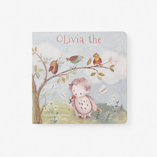 Children's book titled 'Olivia the Graceful Owl' with illustrations of an owl and birds on a branch.