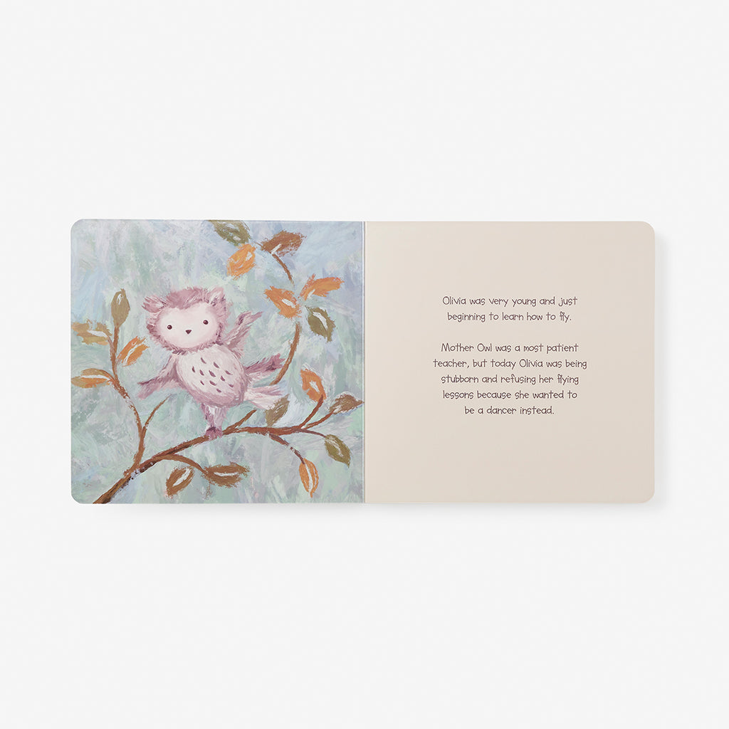 Children's book page with an owl on a branch and text on a light blue background