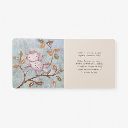 Children's book page with an owl on a branch and text on a light blue background
