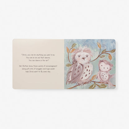 Children's book with owl illustrations on a white background