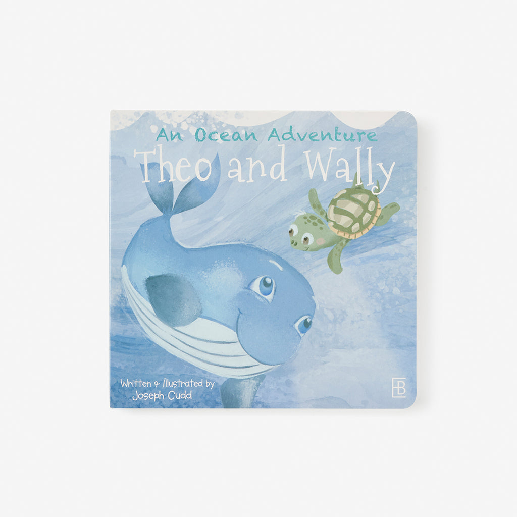 Book cover of 'An Ocean Adventure: Theo and Wally' with a whale and turtle illustration on a blue background.