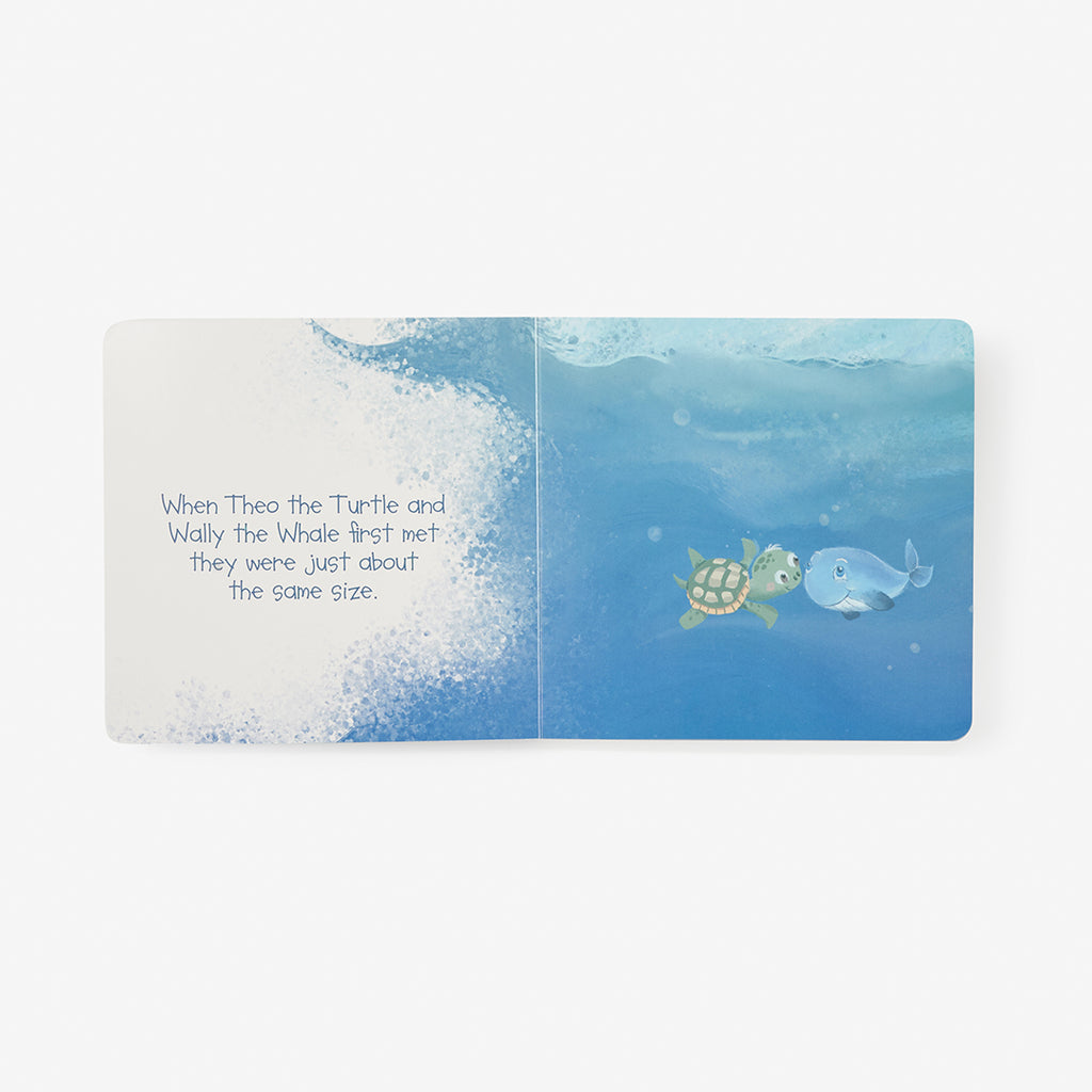 Book with an illustration of a turtle and a whale in the ocean with text.