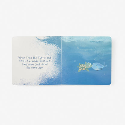 Book with an illustration of a turtle and a whale in the ocean with text.