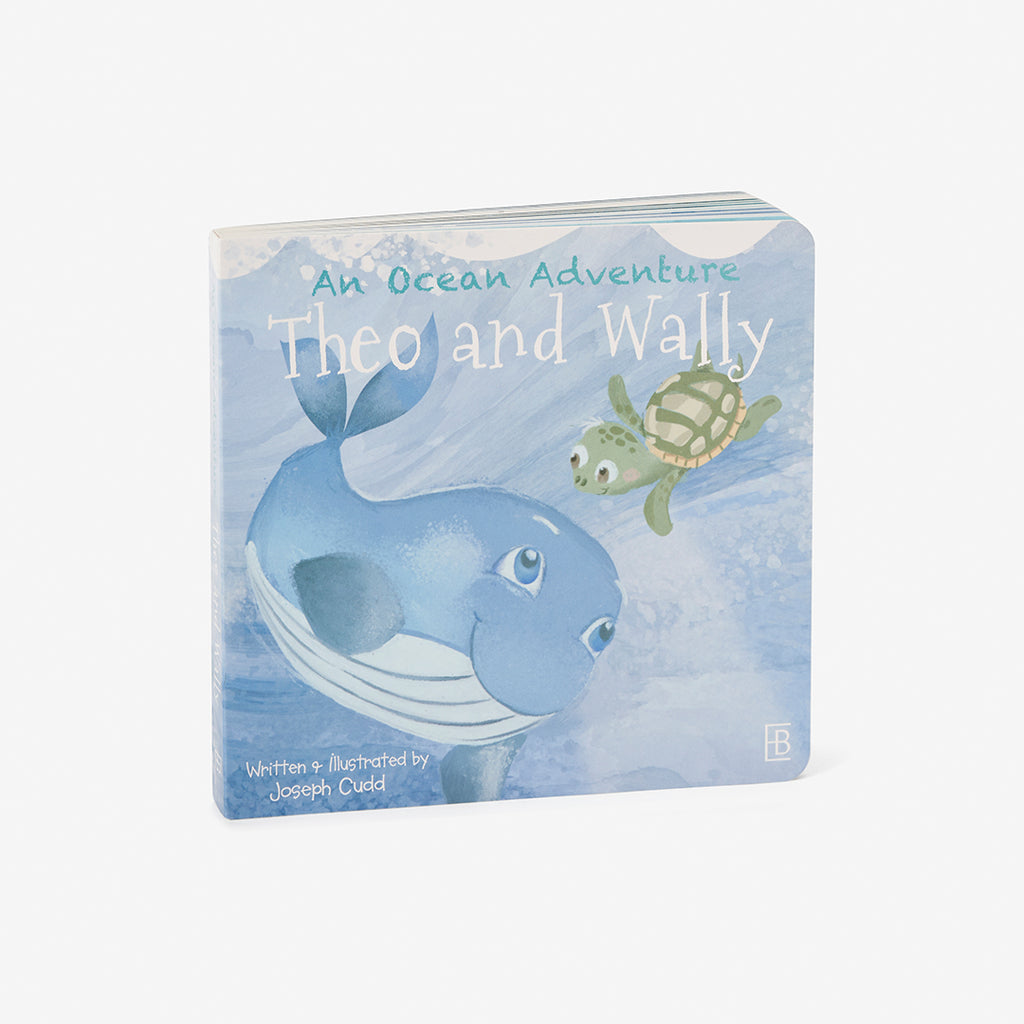 Book cover of 'An Ocean Adventure Theo and Wally' with a whale and turtle illustration on a blue background.
