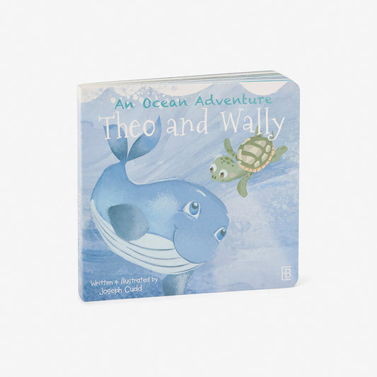 Book cover of 'An Ocean Adventure Theo and Wally' with a whale and turtle illustration on a blue background.