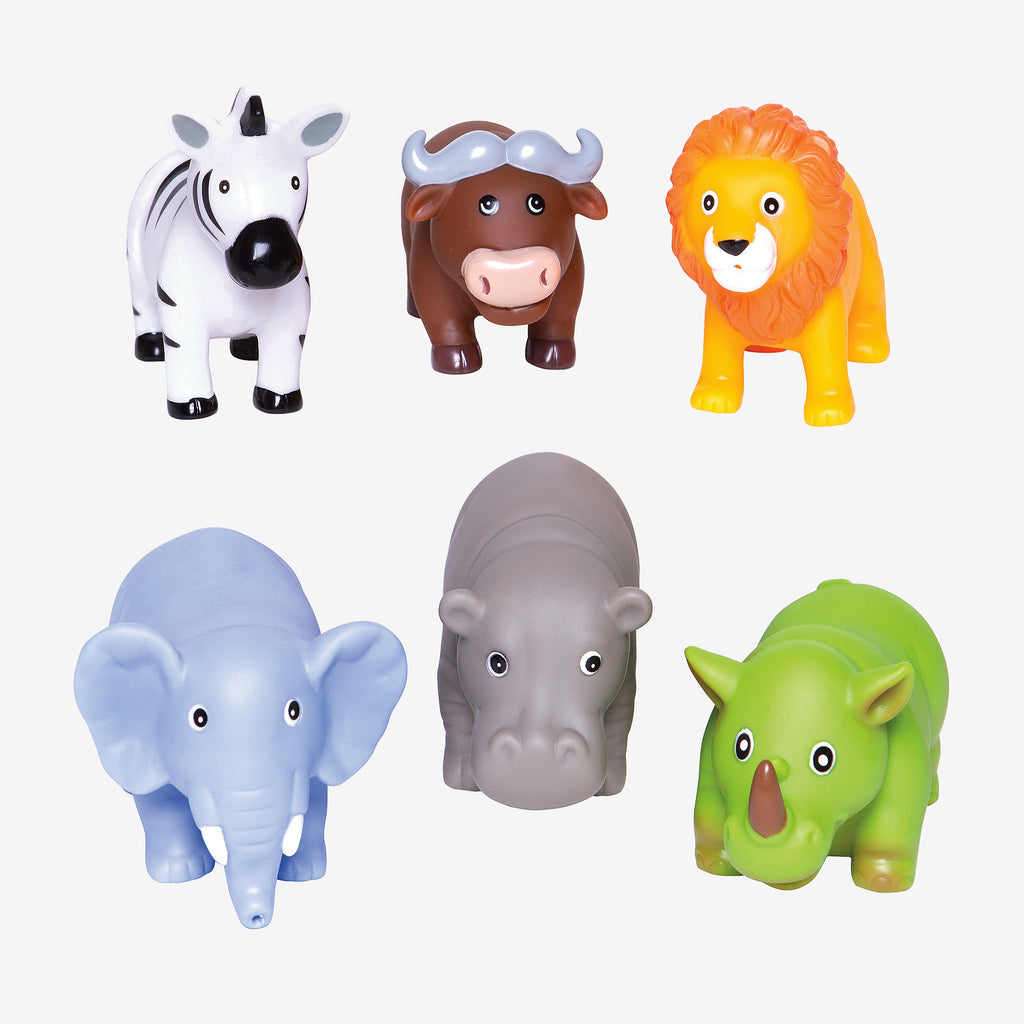Set of colorful animal toys including a zebra, bull, lion, elephant, hippo, and rhino on a white background.
