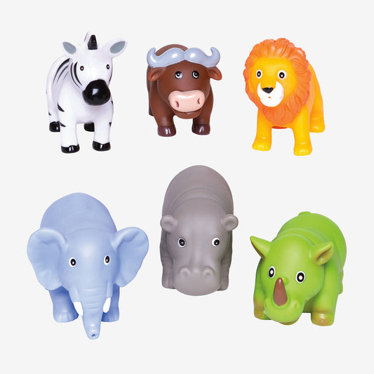 Set of colorful animal toys including a zebra, bull, lion, elephant, hippo, and rhino on a white background.