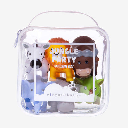 Set of animal toys in a clear plastic case with 'Jungle Party' text on a white background.