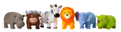 Colorful toy animals including a rhino, cow, zebra, lion, elephant, and hippo on a white background