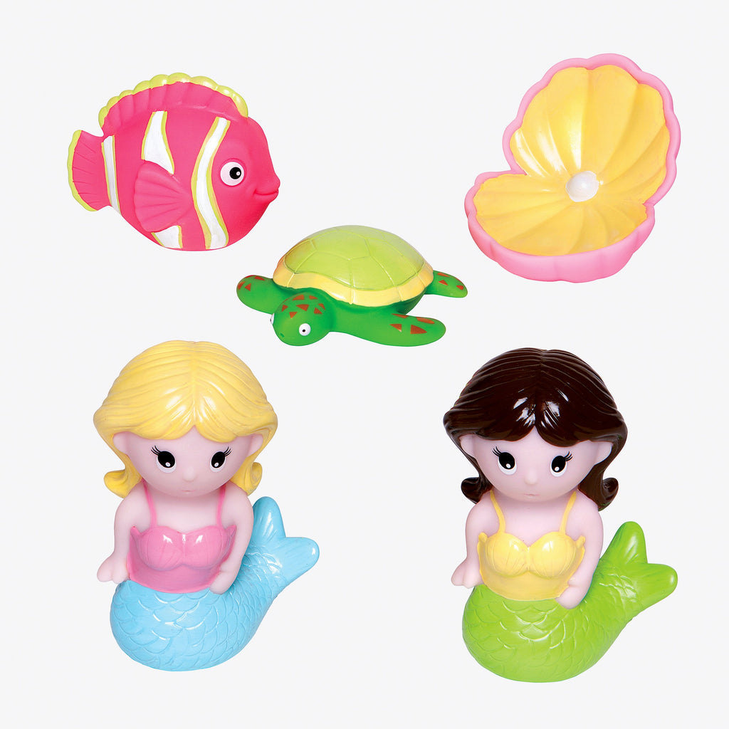 Set of colorful bath toys including mermaids, a fish, a turtle, and a shell on a white background.