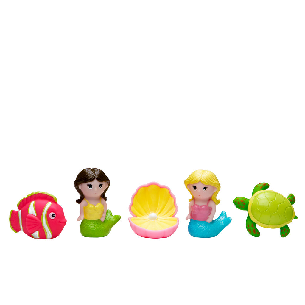 Set of colorful toy figures including a fish, mermaid, turtle, and shell on a white background