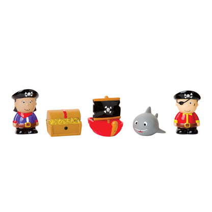 Set of toy figures including a pirate, treasure chest, and shark on a white background