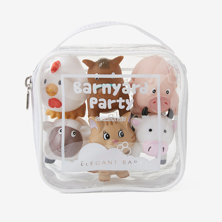 Set of small animal toys in a clear plastic case with 'Barnyard Party' text.