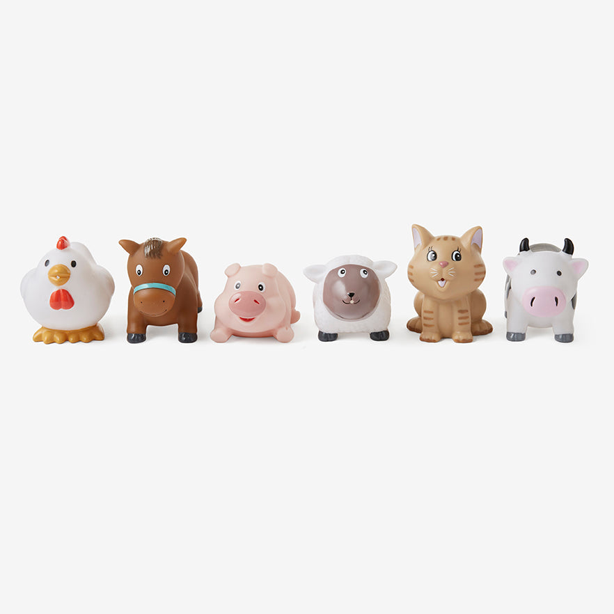 Set of small animal toys including a chicken, horse, pig, sheep, cat, and cow on a white background
