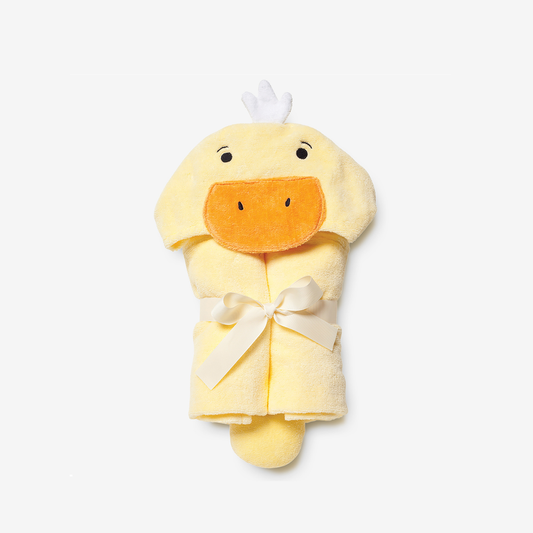 Yellow duck-shaped hooded towel with a white bow on a white background