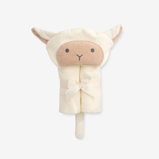 Sheep-shaped towel with a stick on a white background