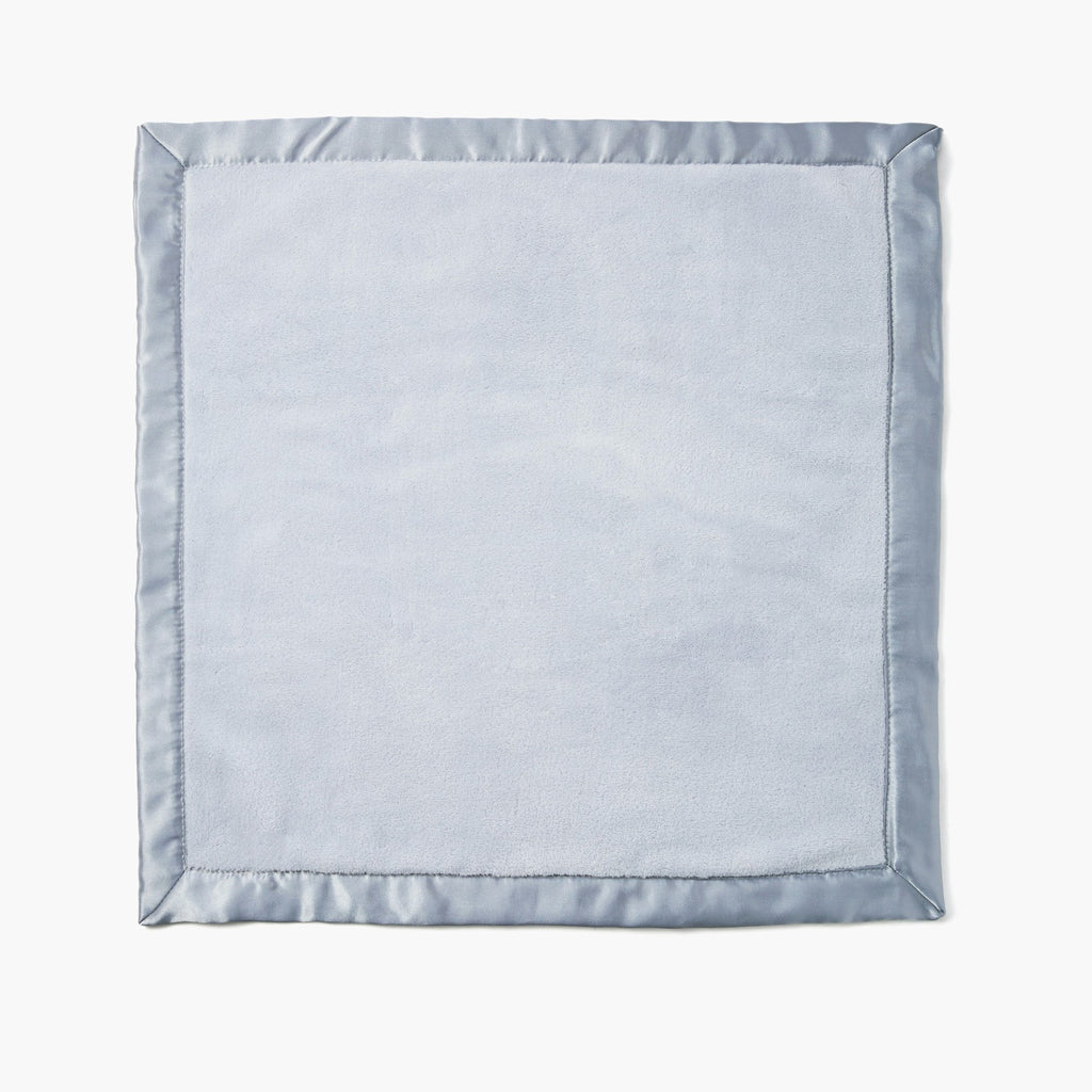 Light blue square blanket with satin trim on a white background
