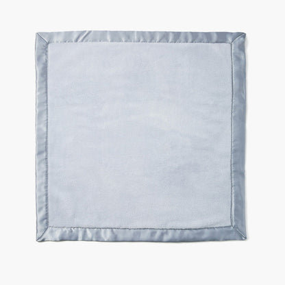 Light blue square blanket with satin trim on a white background