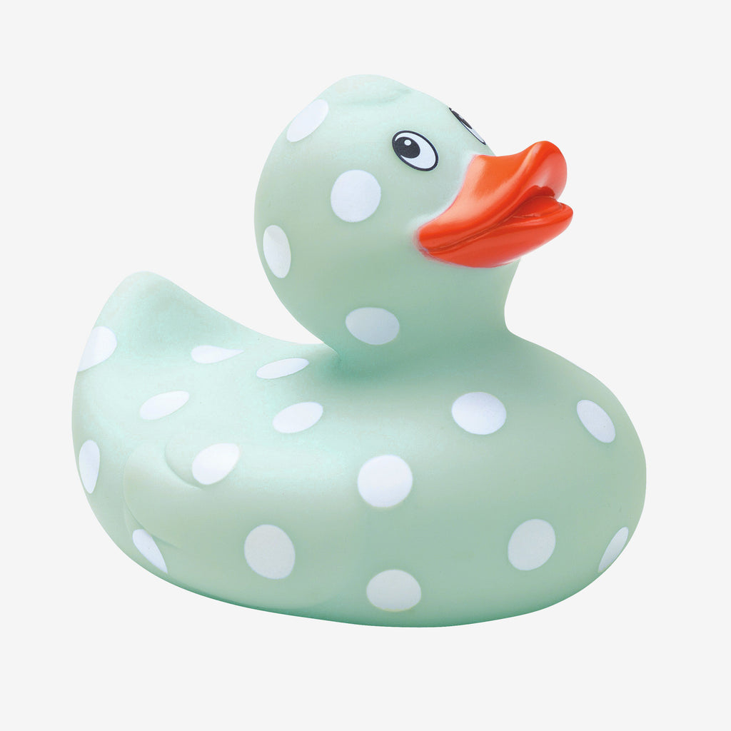 Light blue rubber duck with white polka dots and an orange beak on a white background