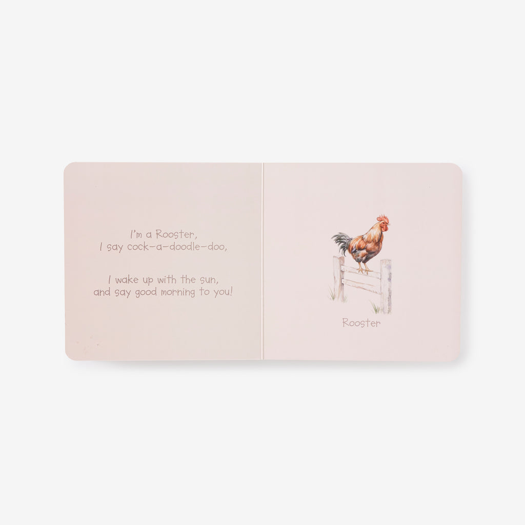 Open book with a rooster illustration and text on a light pink background