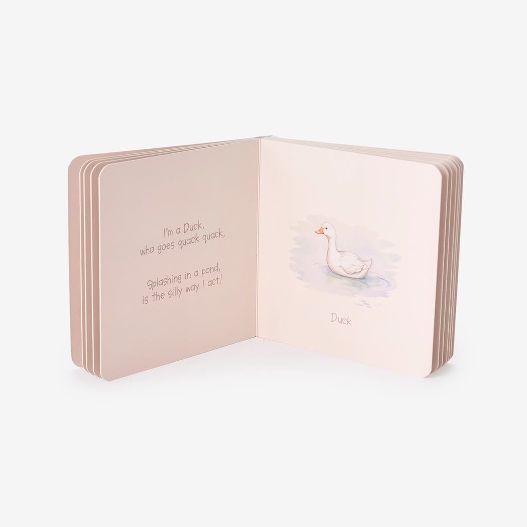 Children's book with a duck illustration and text on a white background
