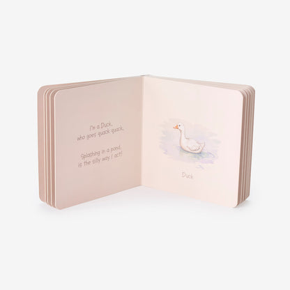 Children's book with a duck illustration and text on a white background