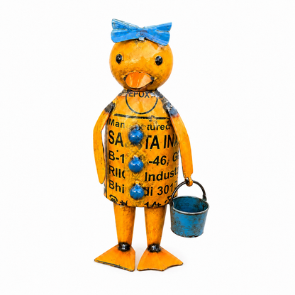 Decorative duck figurine with a blue bow and bucket on a white background