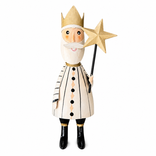 Santa Claus figurine holding a star staff on a white background.