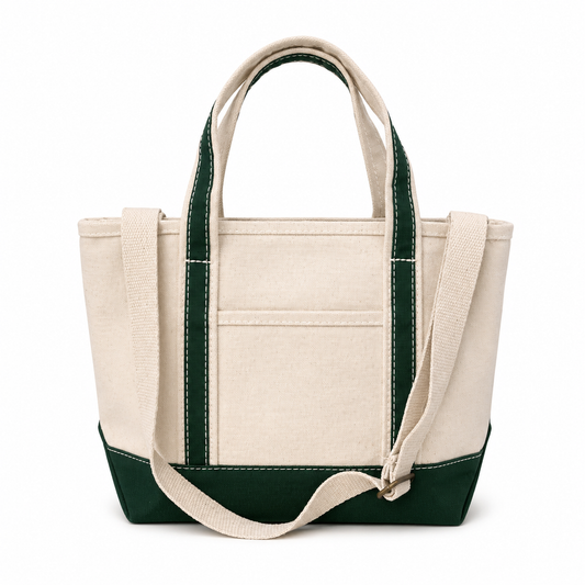 Beige tote bag with green accents on a white background