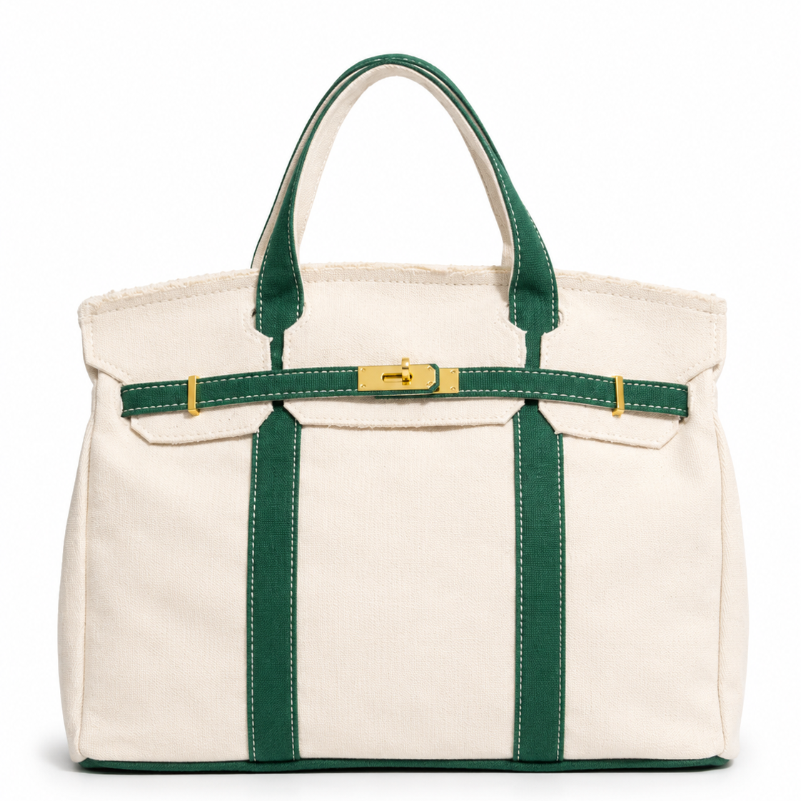 White tote bag with green straps on a white background