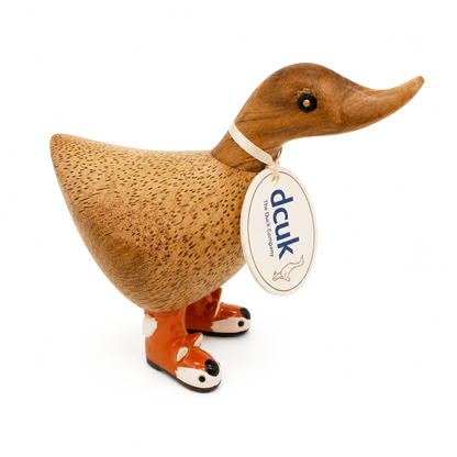 Wooden duck figurine with a 'dcuk' tag on a white background