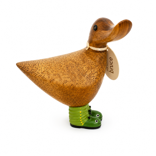 Wooden duck figurine with a tag labeled 'Bruce' on a white background