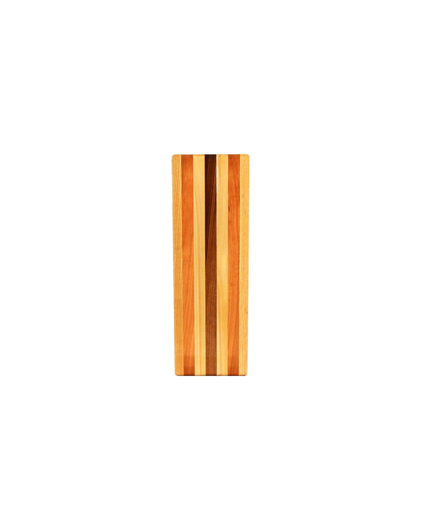 Narrow wooden cutting board with multiple colored strips of wood, photographed on a white background. 