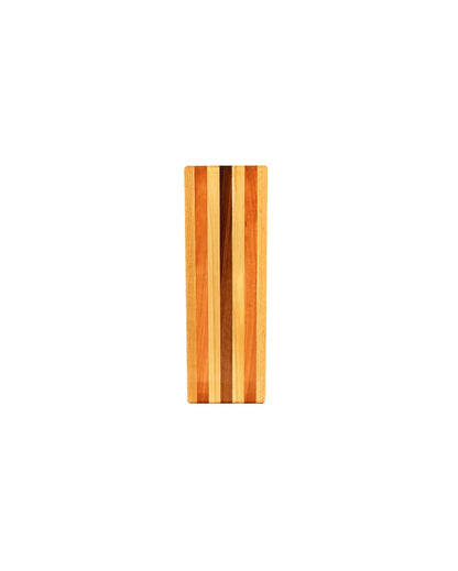 Narrow wooden cutting board with multiple colored strips of wood, photographed on a white background. 