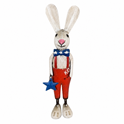 Decorative rabbit figure with a patriotic outfit on a white background