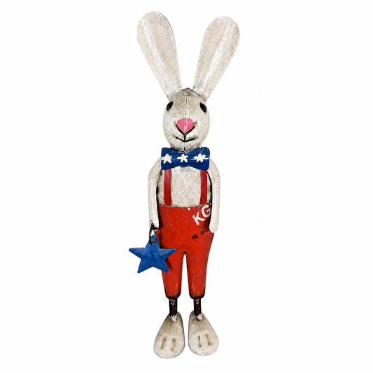 Decorative rabbit figure with a patriotic outfit on a white background